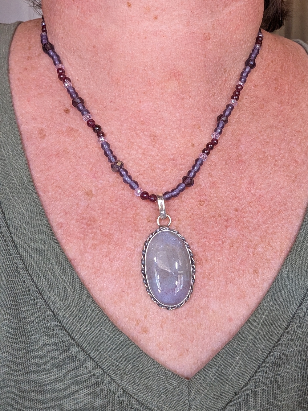 Lavender Bead Necklace with Oval Pendant - Women Jewelry